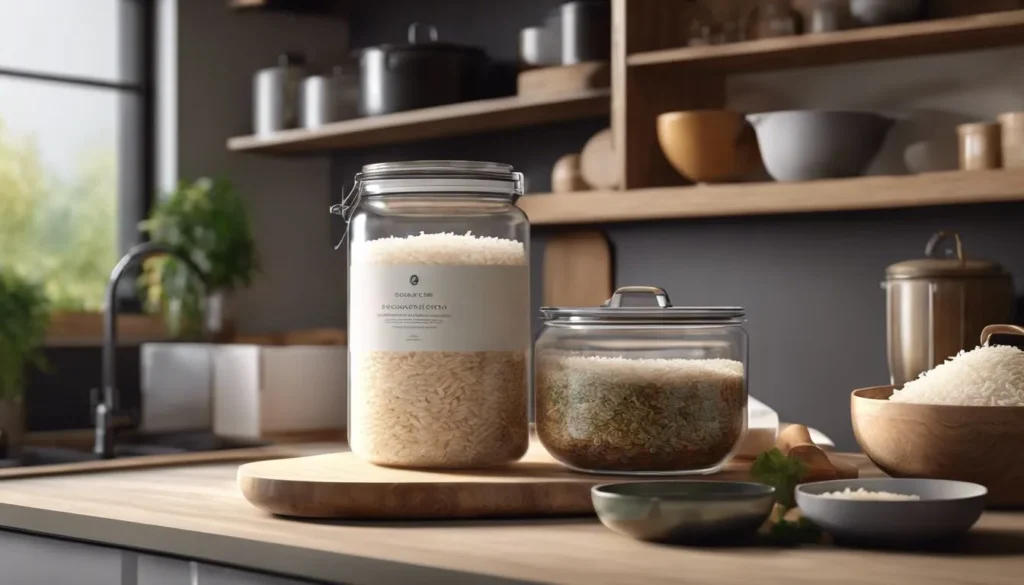 Addressing Common Rice Storage Questions, clear and organized kitchen pantry with neatly labeled rice containers, controlled temperature and humidity.