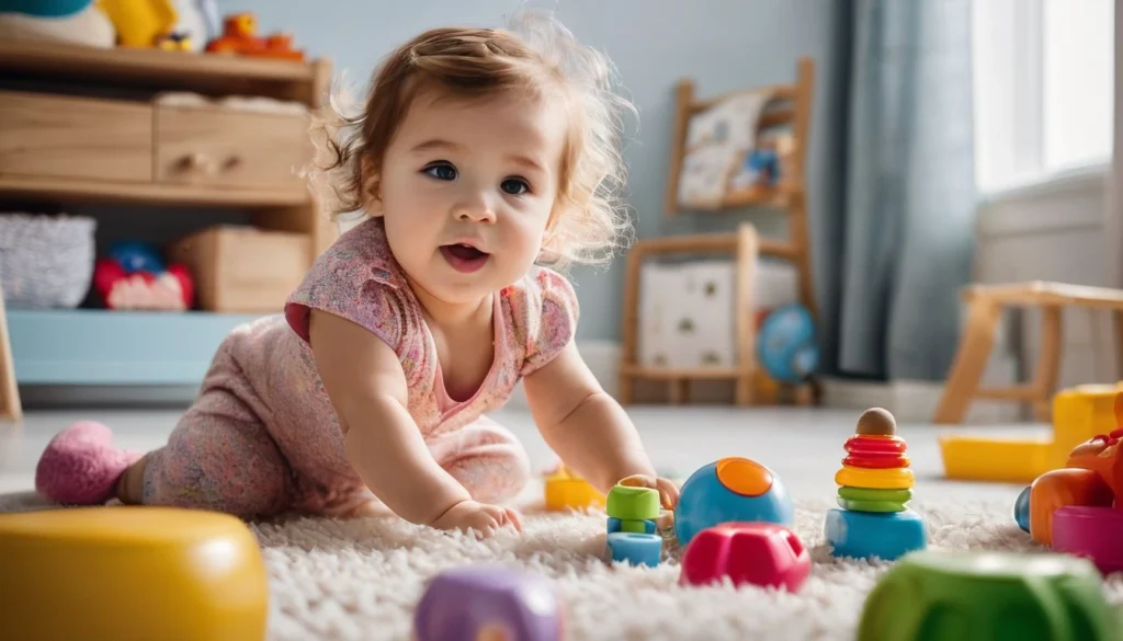 A toddler playing with developmental toys in a colorful nursery.