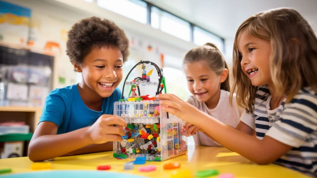 A group of kids participating in STEM activities in a vibrant classroom.