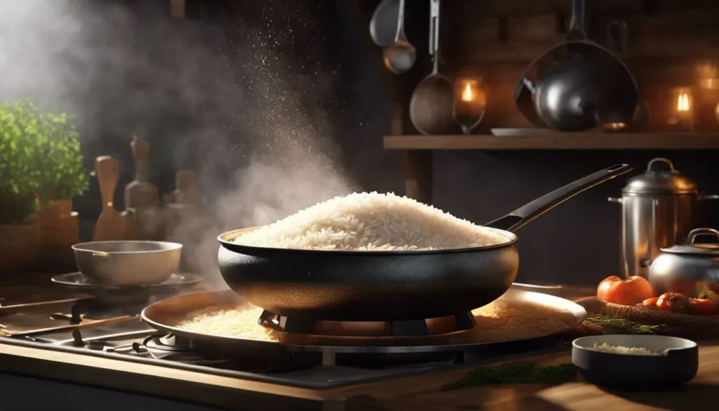 Reheating Rice Safely and Effectively, a close-up of a pot on a stove with reheated rice, steam escaping from the pot, soft kitchen lighting highlighting the texture and details of the rice.