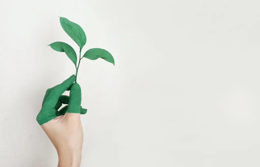 Half-green hand holding a leaf.