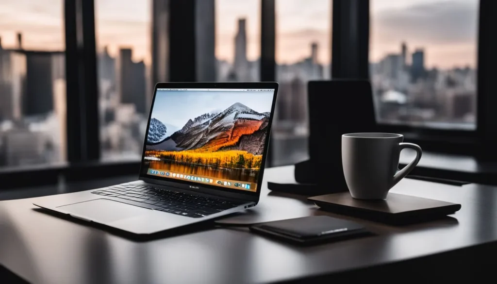 A modern MacBook on a minimalist desk in a bustling city.