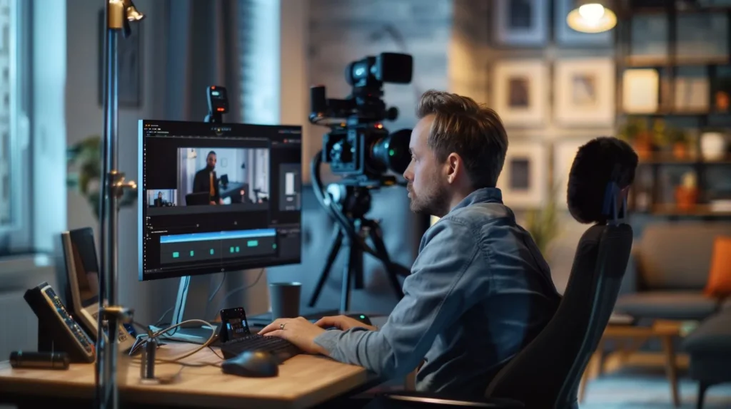 A video editor sits at a modern workstation surrounded by equipment.