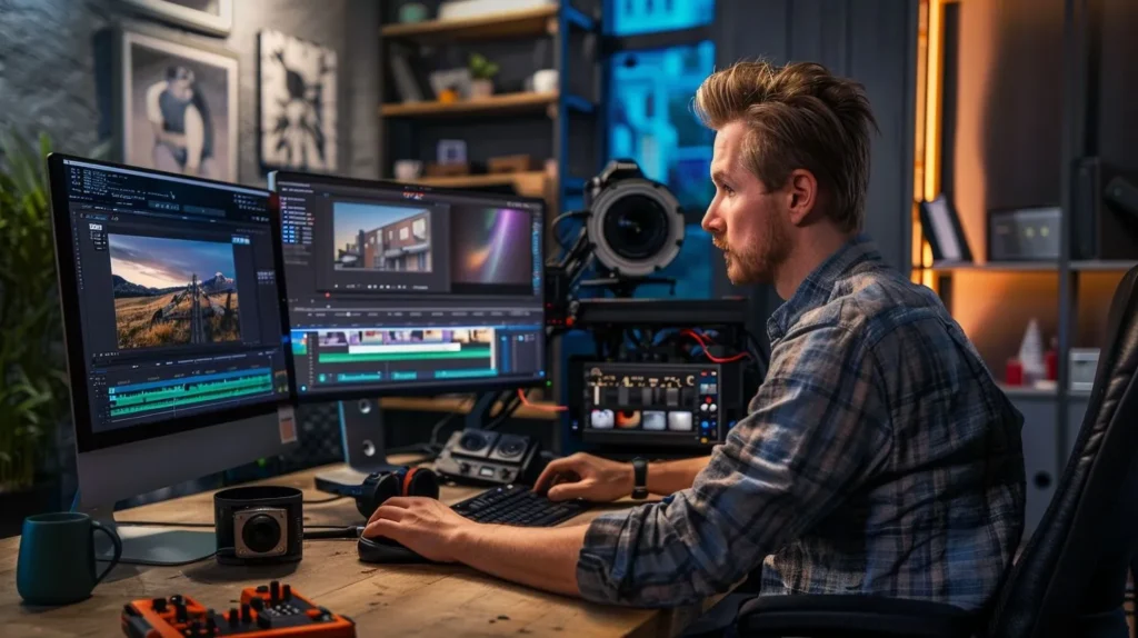 A video editor sits at a modern workstation surrounded by equipment.